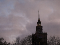 The Palace of Culture and Science is visible among tree branches on the street in Warsaw, Poland, on December 12, 2024. (