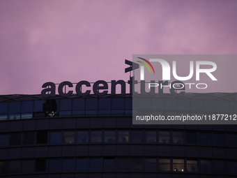 The Accenture logo is seen on the street in Warsaw, Poland, on December 12, 2024. (