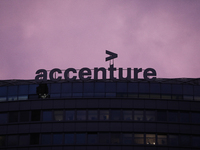 The Accenture logo is seen on the street in Warsaw, Poland, on December 12, 2024. (