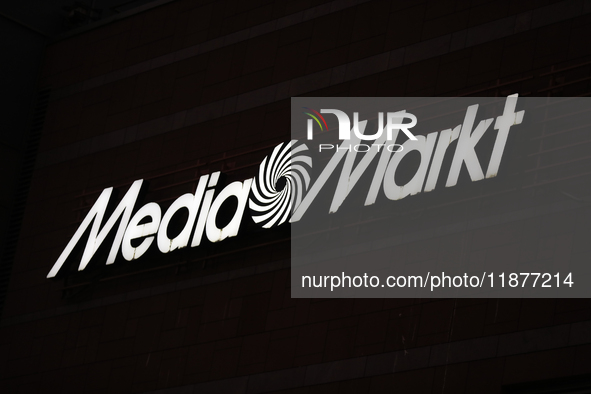 The Media Markt logo is seen on the street in Warsaw, Poland, on December 12, 2024. 