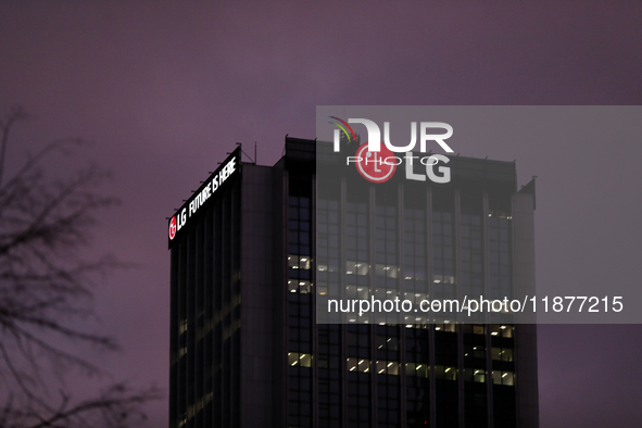 The LG logo is seen on the street in Warsaw, Poland, on December 12, 2024. 