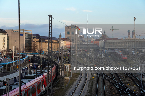 The view from the Hackerbrucke shows trains leaving Munich Central Station in Munich, Bavaria, Germany, on December 17, 2024. 