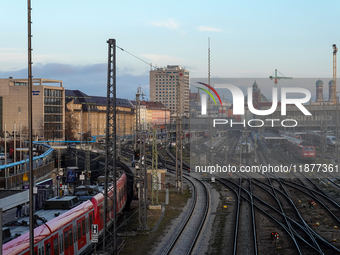 The view from the Hackerbrucke shows trains leaving Munich Central Station in Munich, Bavaria, Germany, on December 17, 2024. (