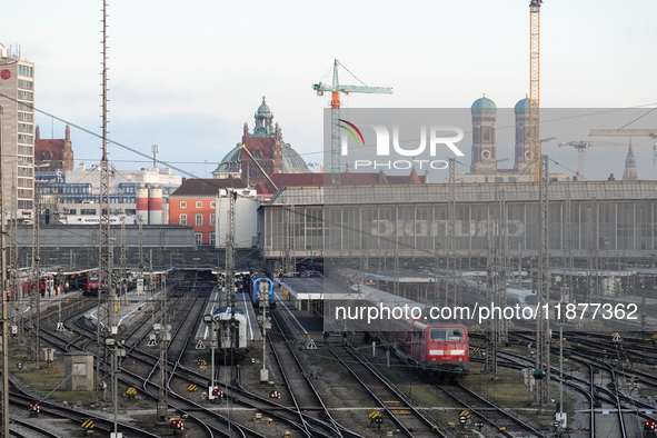 The view from the Hackerbrucke shows trains leaving Munich Central Station in Munich, Bavaria, Germany, on December 17, 2024. 