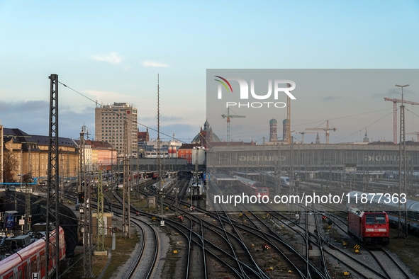 The view from the Hackerbrucke shows trains leaving Munich Central Station in Munich, Bavaria, Germany, on December 17, 2024. 