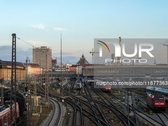 The view from the Hackerbrucke shows trains leaving Munich Central Station in Munich, Bavaria, Germany, on December 17, 2024. (