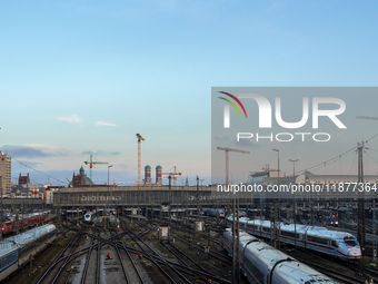 The view from the Hackerbrucke shows trains leaving Munich Central Station in Munich, Bavaria, Germany, on December 17, 2024. (