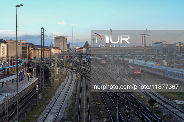 The view from the Hackerbrucke shows trains leaving Munich Central Station in Munich, Bavaria, Germany, on December 17, 2024. 