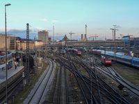 The view from the Hackerbrucke shows trains leaving Munich Central Station in Munich, Bavaria, Germany, on December 17, 2024. (