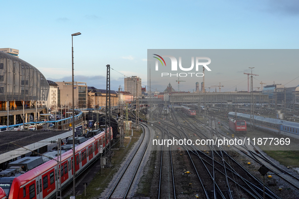 The view from the Hackerbrucke shows trains leaving Munich Central Station in Munich, Bavaria, Germany, on December 17, 2024. 