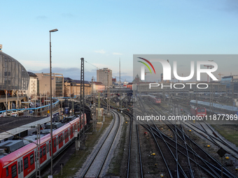 The view from the Hackerbrucke shows trains leaving Munich Central Station in Munich, Bavaria, Germany, on December 17, 2024. (