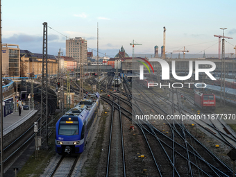 The view from the Hackerbrucke shows trains leaving Munich Central Station in Munich, Bavaria, Germany, on December 17, 2024. (