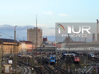 The view from the Hackerbrucke shows trains leaving Munich Central Station in Munich, Bavaria, Germany, on December 17, 2024. (