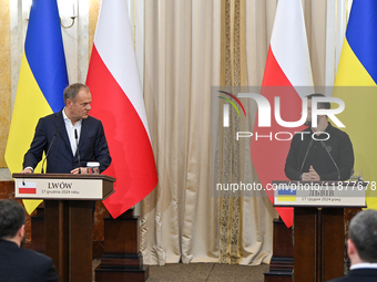 President of Ukraine Volodymyr Zelenskyy and Polish Prime Minister Donald Tusk are pictured during a joint press conference at the Potocki P...