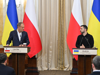 President of Ukraine Volodymyr Zelenskyy and Polish Prime Minister Donald Tusk are pictured during a joint press conference at the Potocki P...