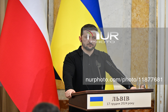 President of Ukraine Volodymyr Zelenskyy is seen during a joint press conference with Polish Prime Minister Donald Tusk at the Potocki Palac...