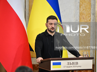 President of Ukraine Volodymyr Zelenskyy is seen during a joint press conference with Polish Prime Minister Donald Tusk at the Potocki Palac...