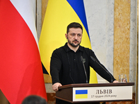 President of Ukraine Volodymyr Zelenskyy is seen during a joint press conference with Polish Prime Minister Donald Tusk at the Potocki Palac...