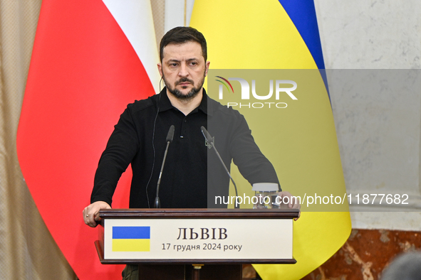 President of Ukraine Volodymyr Zelenskyy is seen during a joint press conference with Polish Prime Minister Donald Tusk at the Potocki Palac...