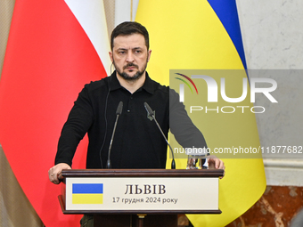 President of Ukraine Volodymyr Zelenskyy is seen during a joint press conference with Polish Prime Minister Donald Tusk at the Potocki Palac...