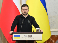 President of Ukraine Volodymyr Zelenskyy is seen during a joint press conference with Polish Prime Minister Donald Tusk at the Potocki Palac...