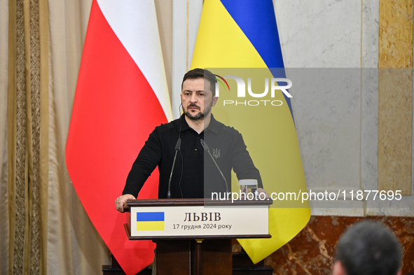 President of Ukraine Volodymyr Zelenskyy is seen during a joint press conference with Polish Prime Minister Donald Tusk at the Potocki Palac...