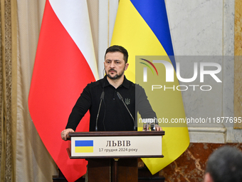 President of Ukraine Volodymyr Zelenskyy is seen during a joint press conference with Polish Prime Minister Donald Tusk at the Potocki Palac...