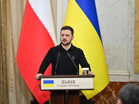 President of Ukraine Volodymyr Zelenskyy is seen during a joint press conference with Polish Prime Minister Donald Tusk at the Potocki Palac...