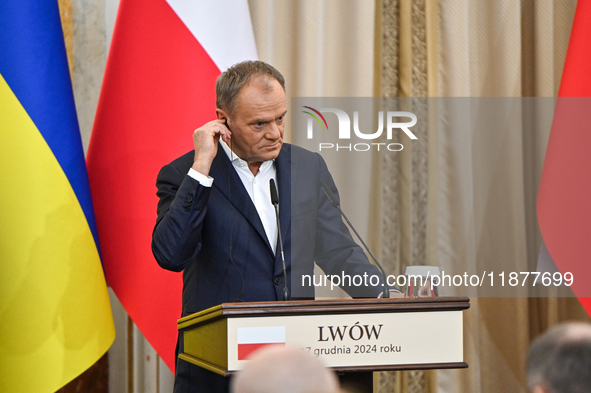 In Lviv, Ukraine, on December 17, 2024, Polish Prime Minister Donald Tusk is seen during a joint press conference with President of Ukraine...