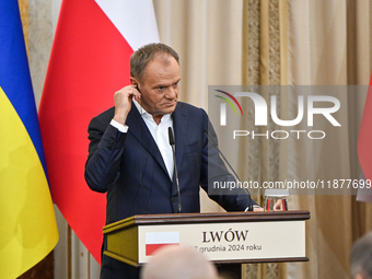 In Lviv, Ukraine, on December 17, 2024, Polish Prime Minister Donald Tusk is seen during a joint press conference with President of Ukraine...