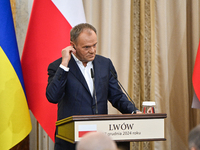 In Lviv, Ukraine, on December 17, 2024, Polish Prime Minister Donald Tusk is seen during a joint press conference with President of Ukraine...