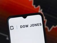 The Dow Jones Industrial Average logo appears on a smartphone screen in this illustration photo in Reno, United States, on December 17, 2024...