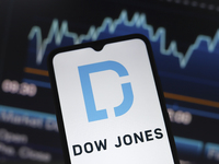 The Dow Jones Industrial Average logo appears on a smartphone screen in this illustration photo in Reno, United States, on December 17, 2024...