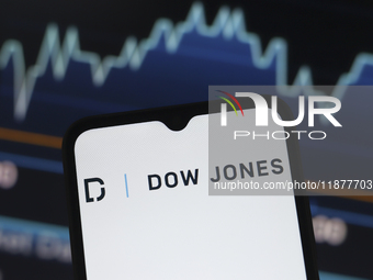 The Dow Jones Industrial Average logo appears on a smartphone screen in this illustration photo in Reno, United States, on December 17, 2024...