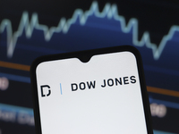 The Dow Jones Industrial Average logo appears on a smartphone screen in this illustration photo in Reno, United States, on December 17, 2024...