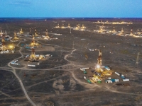 Drilling rigs work in the Gobi Desert in Karamay, China, on July 17, 2024. (