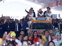 Prime Minister Narendra Modi is with Rajasthan Chief Minister Bhajan Lal Sharma and Rajasthan BJP President Madan Rathore during the 'Ek Var...