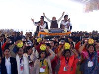 Prime Minister Narendra Modi is with Rajasthan Chief Minister Bhajan Lal Sharma and Rajasthan BJP President Madan Rathore during the 'Ek Var...