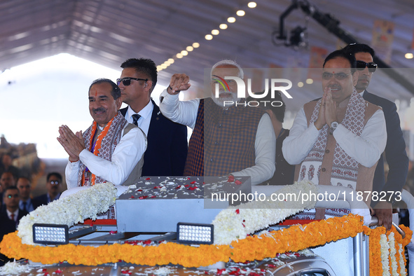 Prime Minister Narendra Modi is with Rajasthan Chief Minister Bhajan Lal Sharma and Rajasthan BJP President Madan Rathore during the 'Ek Var...