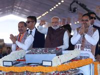 Prime Minister Narendra Modi is with Rajasthan Chief Minister Bhajan Lal Sharma and Rajasthan BJP President Madan Rathore during the 'Ek Var...