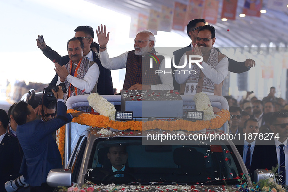 Prime Minister Narendra Modi is with Rajasthan Chief Minister Bhajan Lal Sharma and Rajasthan BJP President Madan Rathore during the 'Ek Var...