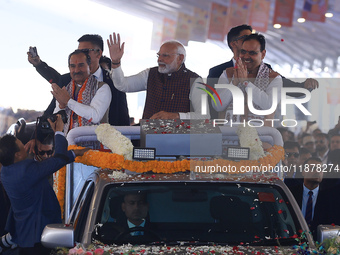 Prime Minister Narendra Modi is with Rajasthan Chief Minister Bhajan Lal Sharma and Rajasthan BJP President Madan Rathore during the 'Ek Var...