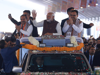 Prime Minister Narendra Modi is with Rajasthan Chief Minister Bhajan Lal Sharma and Rajasthan BJP President Madan Rathore during the 'Ek Var...