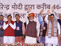 Prime Minister Narendra Modi is with Rajasthan Chief Minister Bhajan Lal Sharma and Madhya Pradesh Chief Minister Mohan Yadav during the 'Ek...