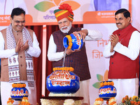 Prime Minister Narendra Modi is with Rajasthan Chief Minister Bhajan Lal Sharma and Madhya Pradesh Chief Minister Mohan Yadav during the 'Ek...