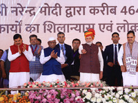 Prime Minister Narendra Modi is with Rajasthan Chief Minister Bhajan Lal Sharma, Rajasthan Governor Haribhau Bagade, and Madhya Pradesh Chie...