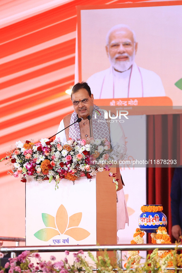 Rajasthan Chief Minister Bhajan Lal Sharma addresses the 'Ek Varsh-Parinaam Utkarsh' event, marking the completion of one year of the Rajast...