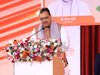 Rajasthan Chief Minister Bhajan Lal Sharma addresses the 'Ek Varsh-Parinaam Utkarsh' event, marking the completion of one year of the Rajast...