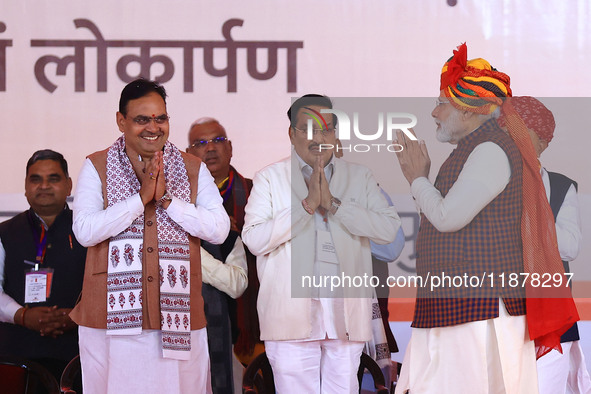 Prime Minister Narendra Modi arrives at the 'Ek Varsh-Parinaam Utkarsh' event, marking the completion of one year of the Rajasthan governmen...