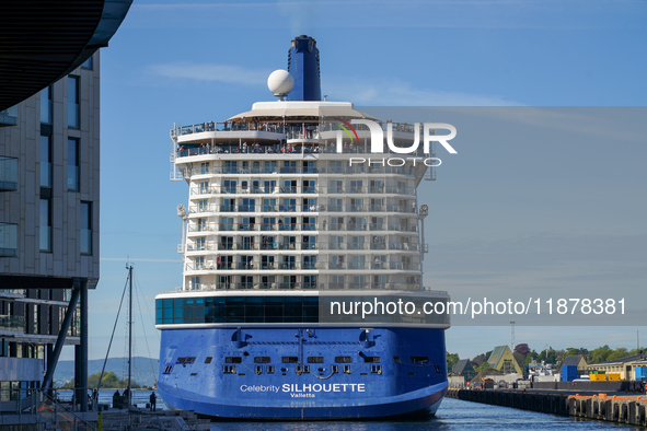 In Oslo, Norway, on May 11, 2024, the Celebrity Silhouette cruise ship stands at Tjuvholmen 